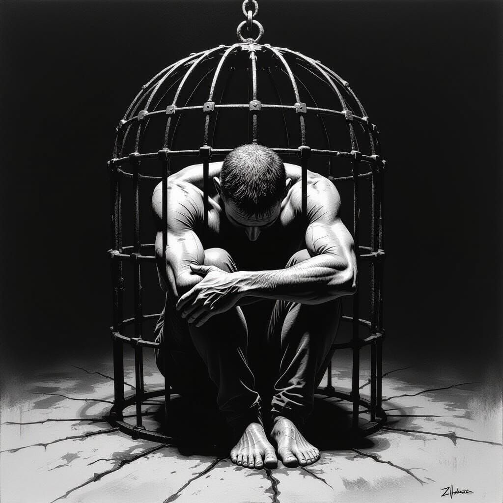Figure Trapped in Cage: Stark Black and White Art