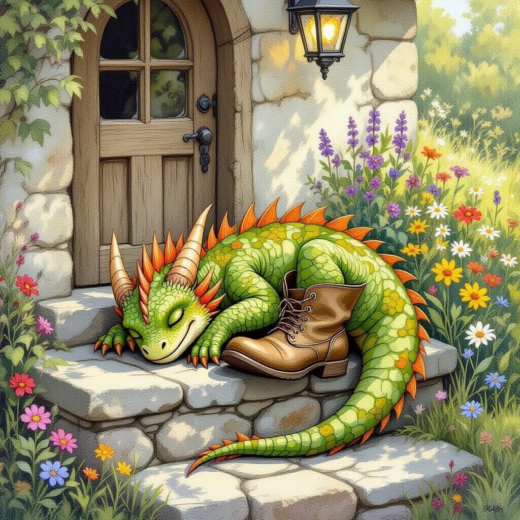 Moss Dragon Sleeping in Boot, Storybook Illustration