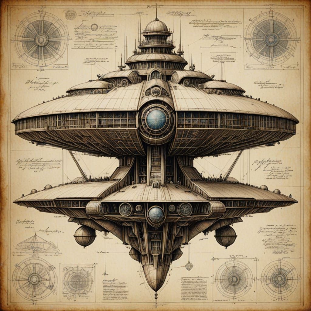 Fantastical Spaceship Schematic in Renaissance Style