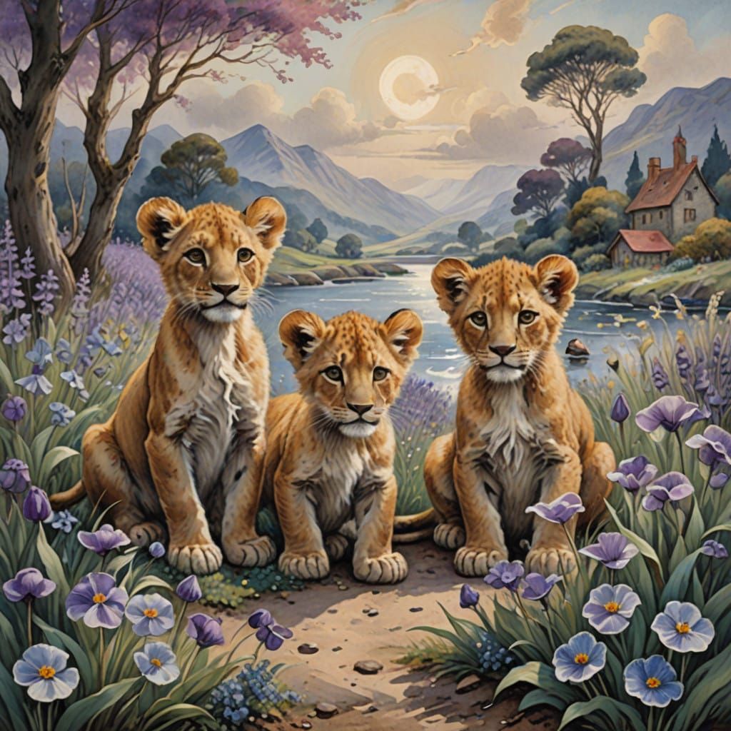 Whimsical Lion Cubs in Lavender Dreamscapes