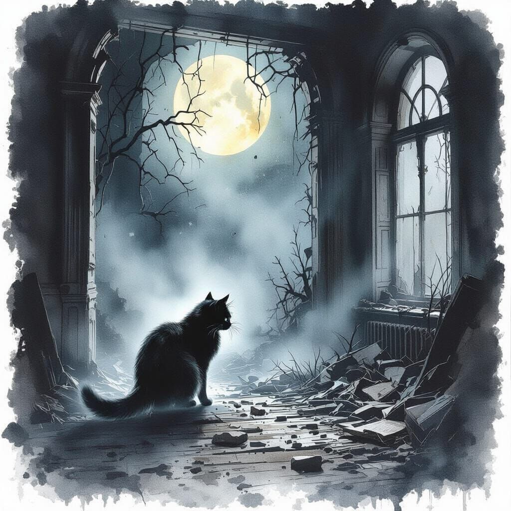 Ghostly Cat in Ruined Mansion, Gothic Art Style