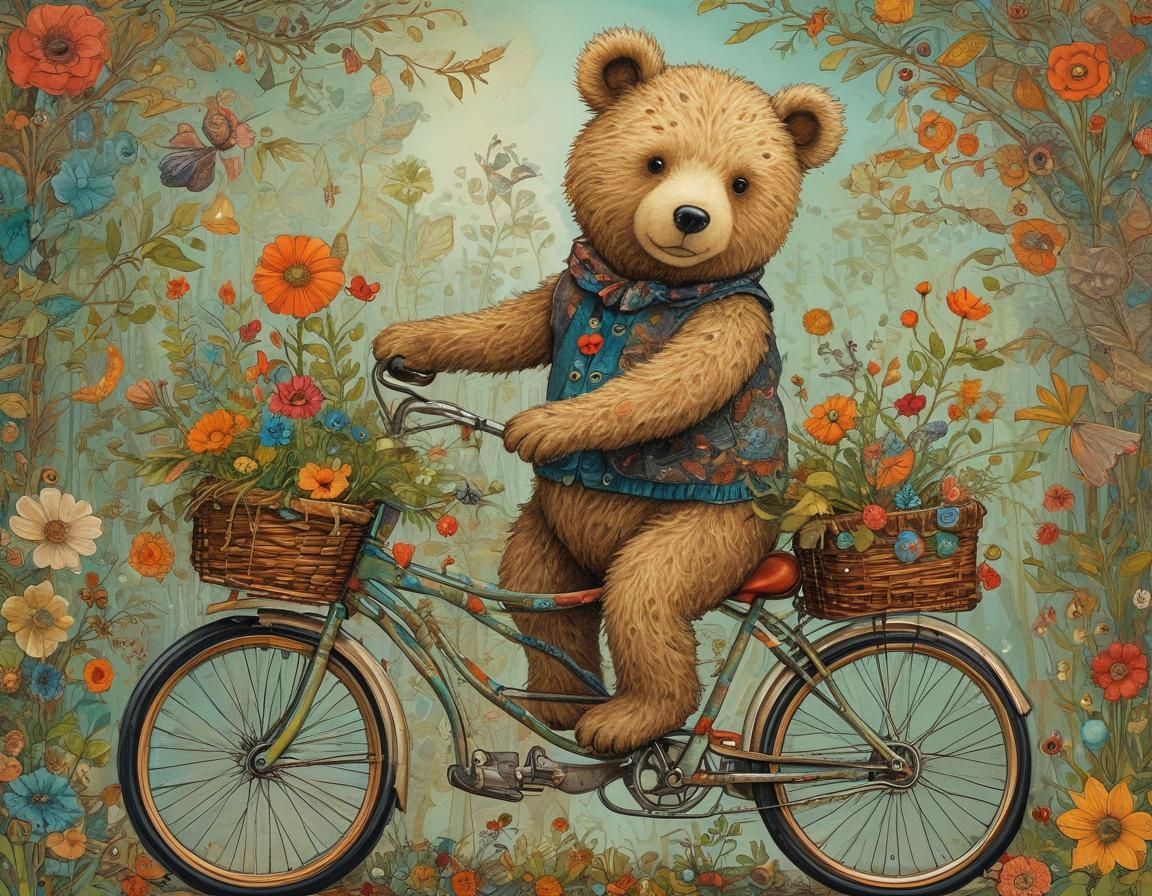Vibrant Storybook Illustration of a Cute Teddy Bear Riding a...
