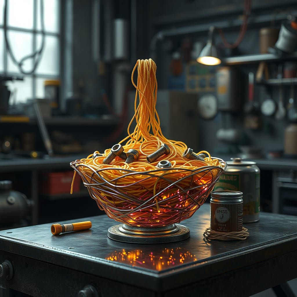 A bowl of wires noodles on a metal table in machinery room.