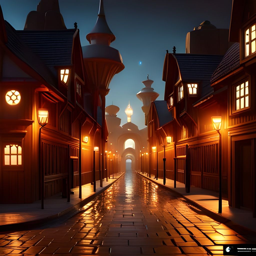 Epic Fantasy City Street at Night in 3D
