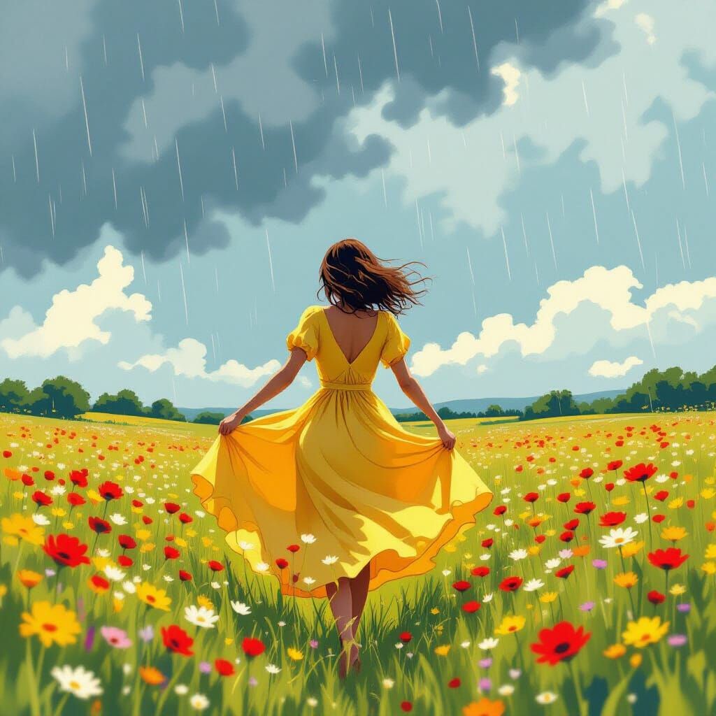 Woman Dancing in Summer Rain, Dreamy Whimsical Art