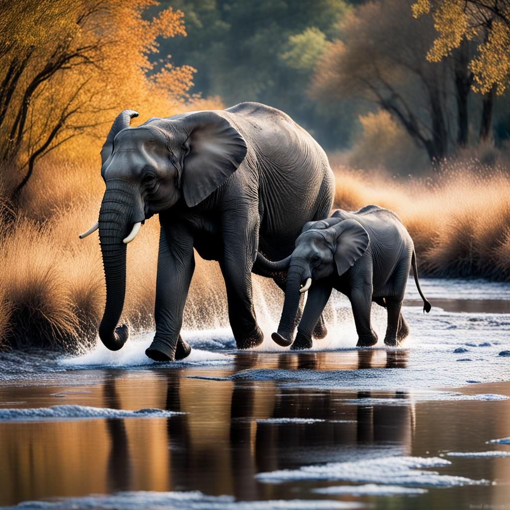 Elephant Family in African Savanna: Photorealistic Ink Paint...