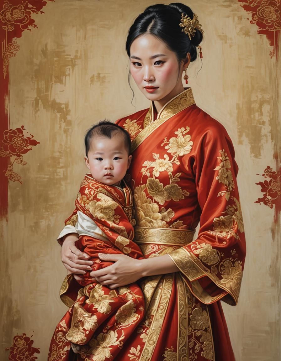 Chinese Woman with Child in Traditional Dress