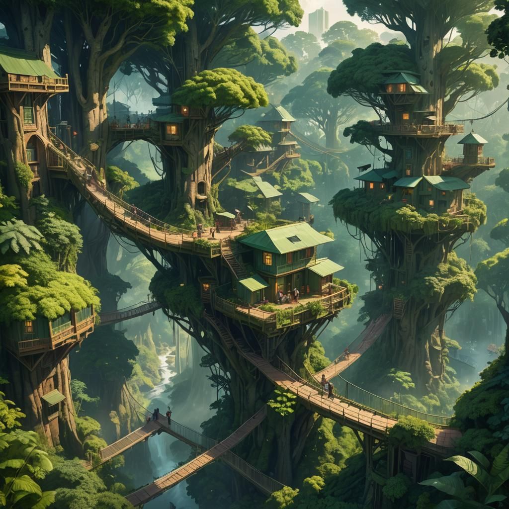Lush Forest City: Treehouses and Bridges in Digital Art