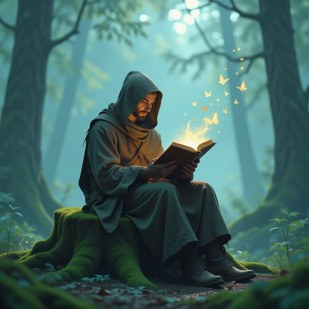 Ethereal Forest Reader: Surreal Landscape Illustration