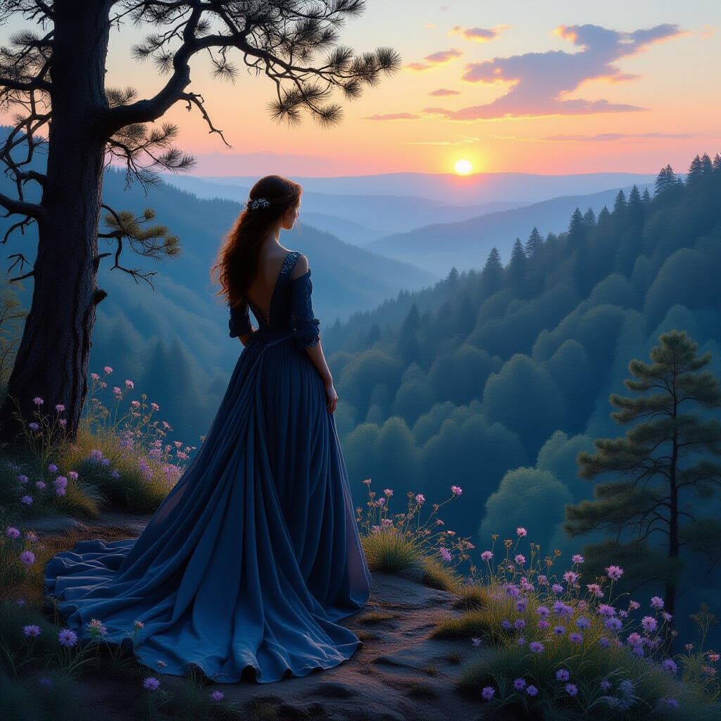Woman Overlooks Ancient Forest at Dawn in Pre-Raphaelite Sty...