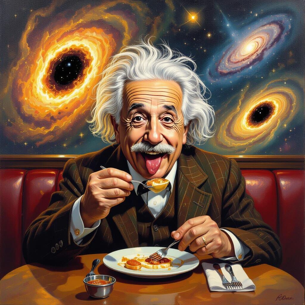 Einstein Eats Black Holes in Surrealist Cosmic Diner Paintin...