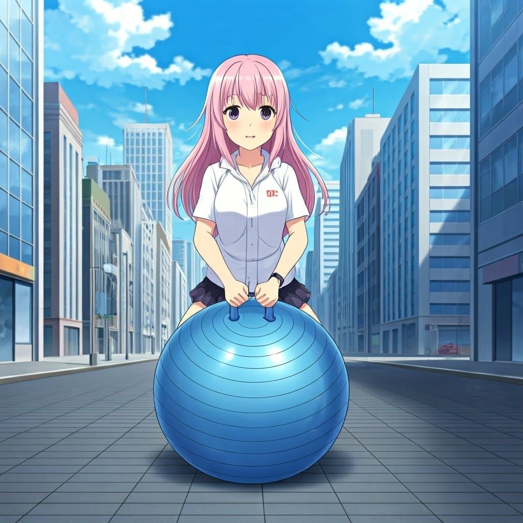 Virtual Idol Bounces on Exercise Ball in Urban Landscape