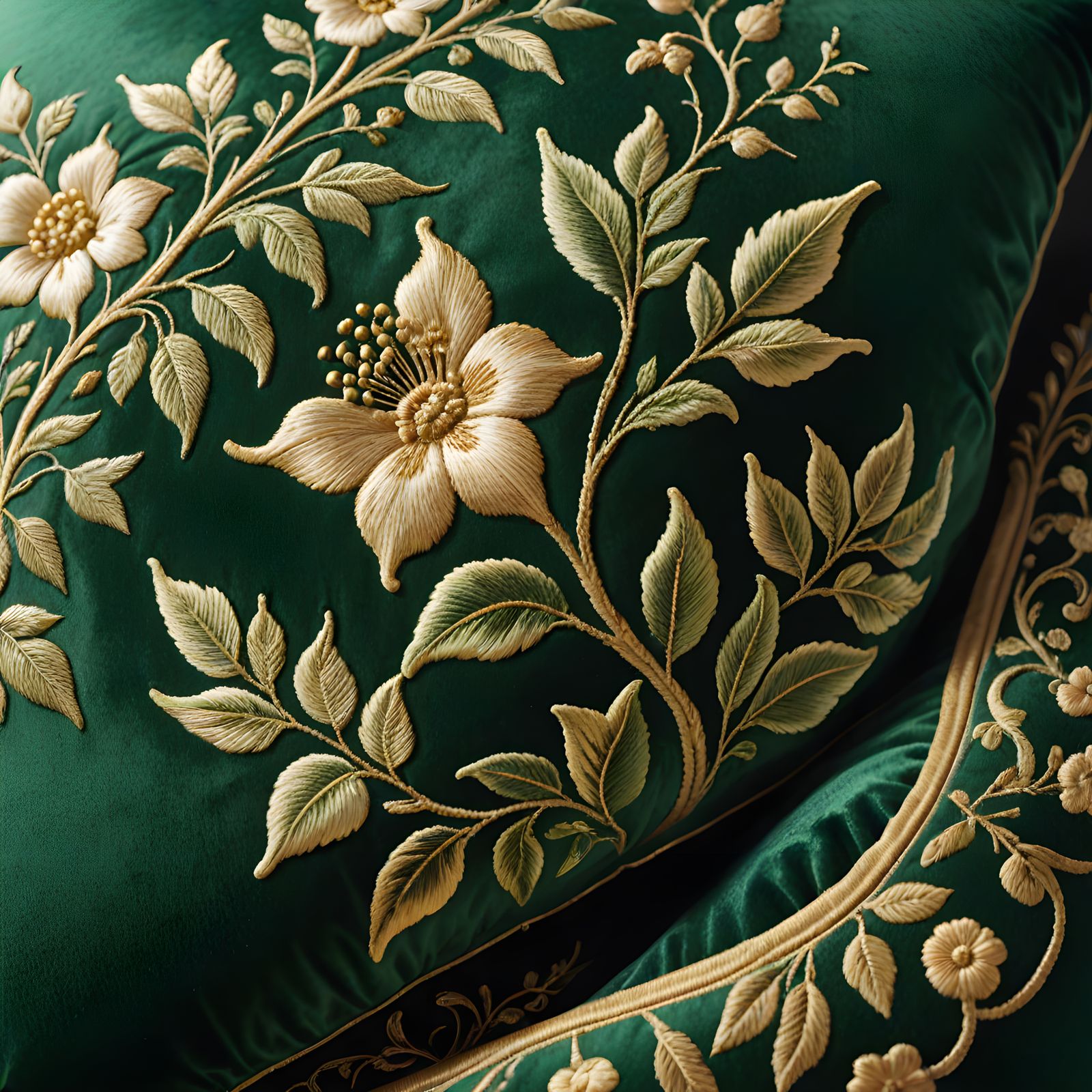 Luxurious Velvet Cushion with Emerald Green Embroidery in Oi...