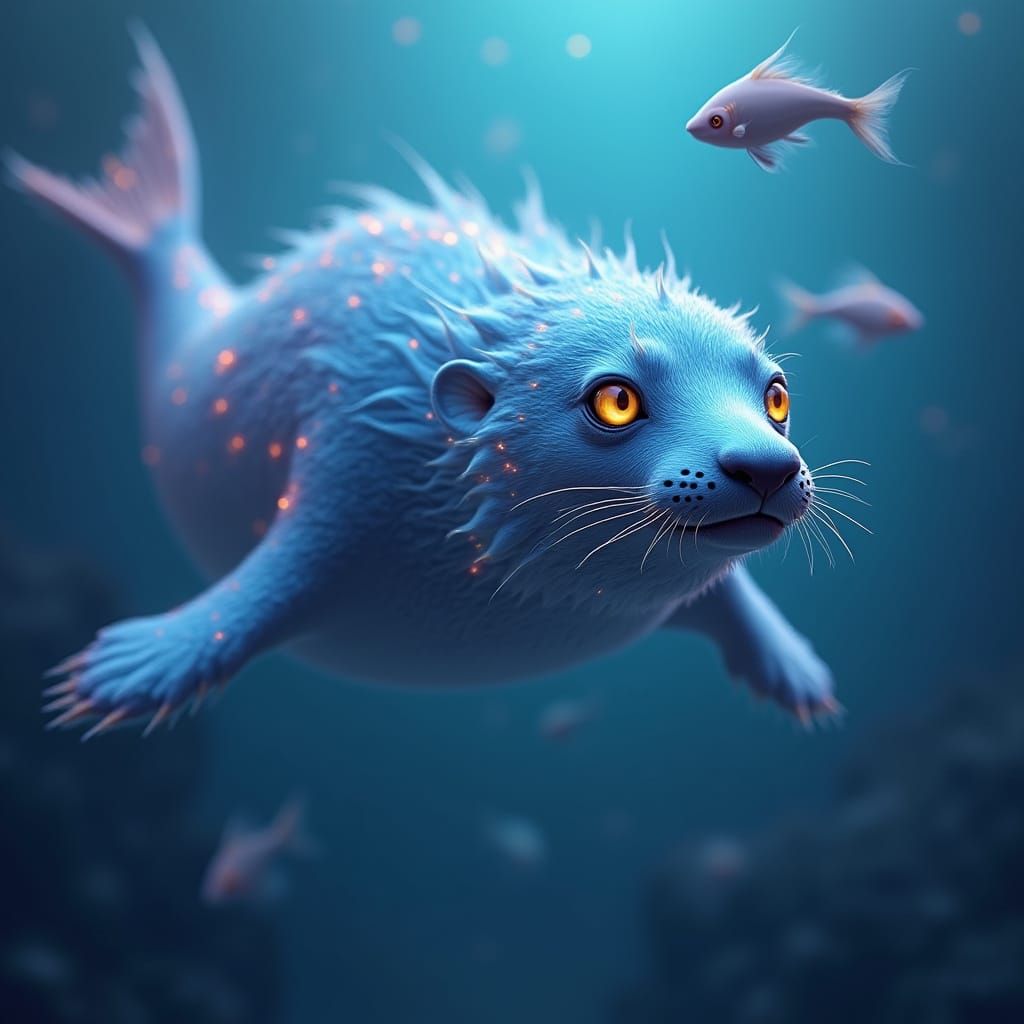 Ethereal Seal-Wolf Hybrid in Bioluminescent Ocean