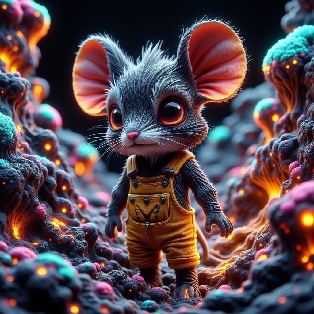 Whimsical Chibi Mouse Creature in Vibrant Bismuth Fractals