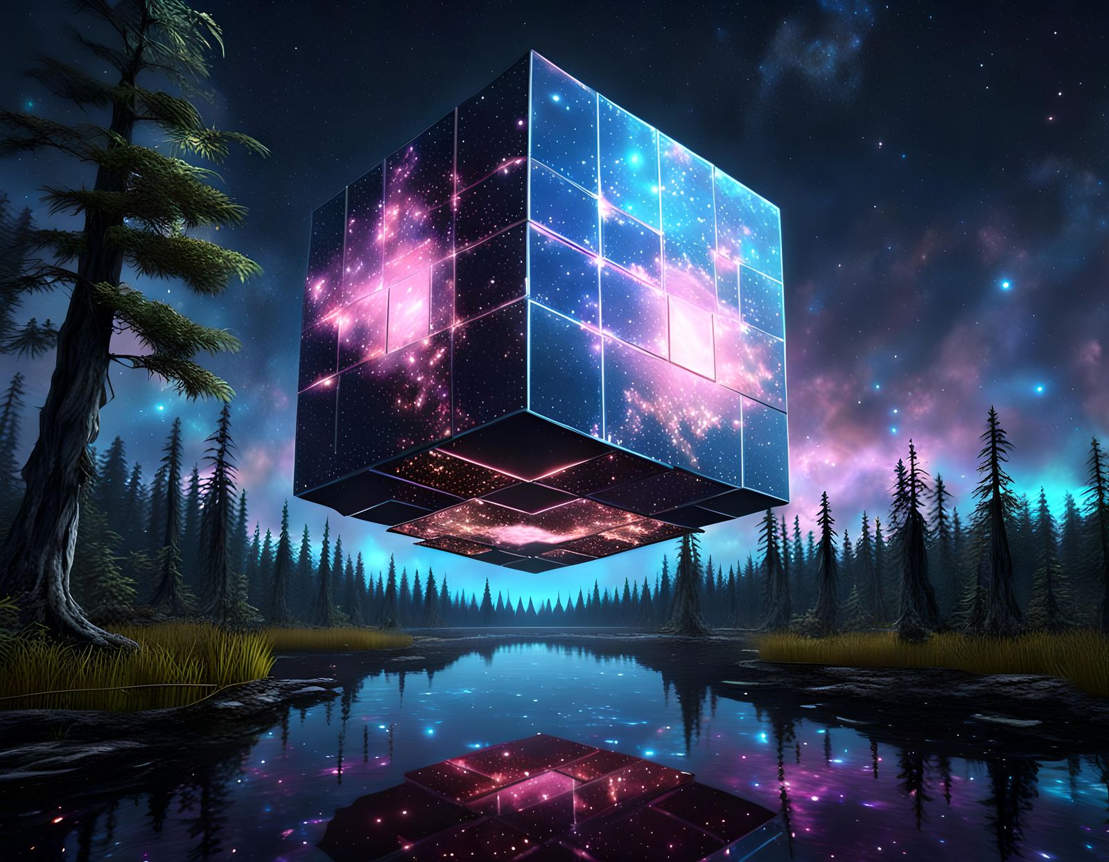 Futuristic Cube Spaceship Over Enchanted Swamp