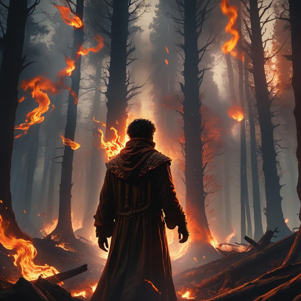 Fiery Figure in Dark Forest: Digital Matte Painting