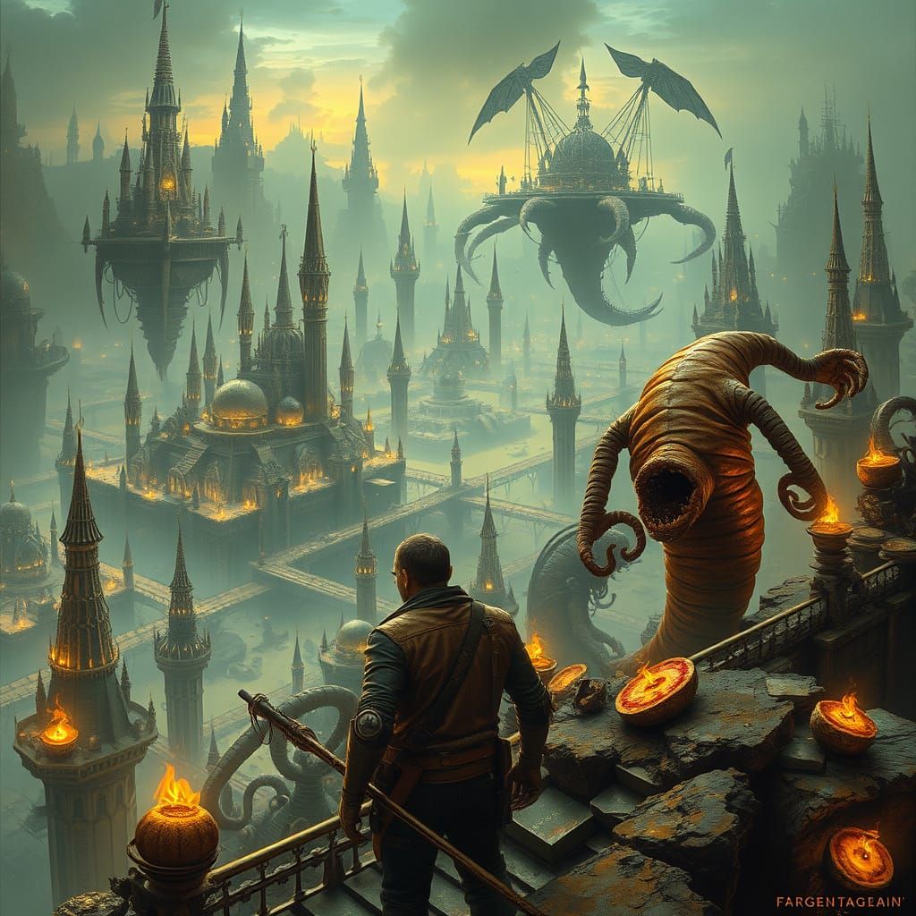 Ethereal Metropolis with Mutated Foods and Steampunk Laborer