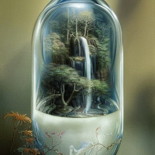 Intricate Waterfall Terrarium in Nested Bell Jars