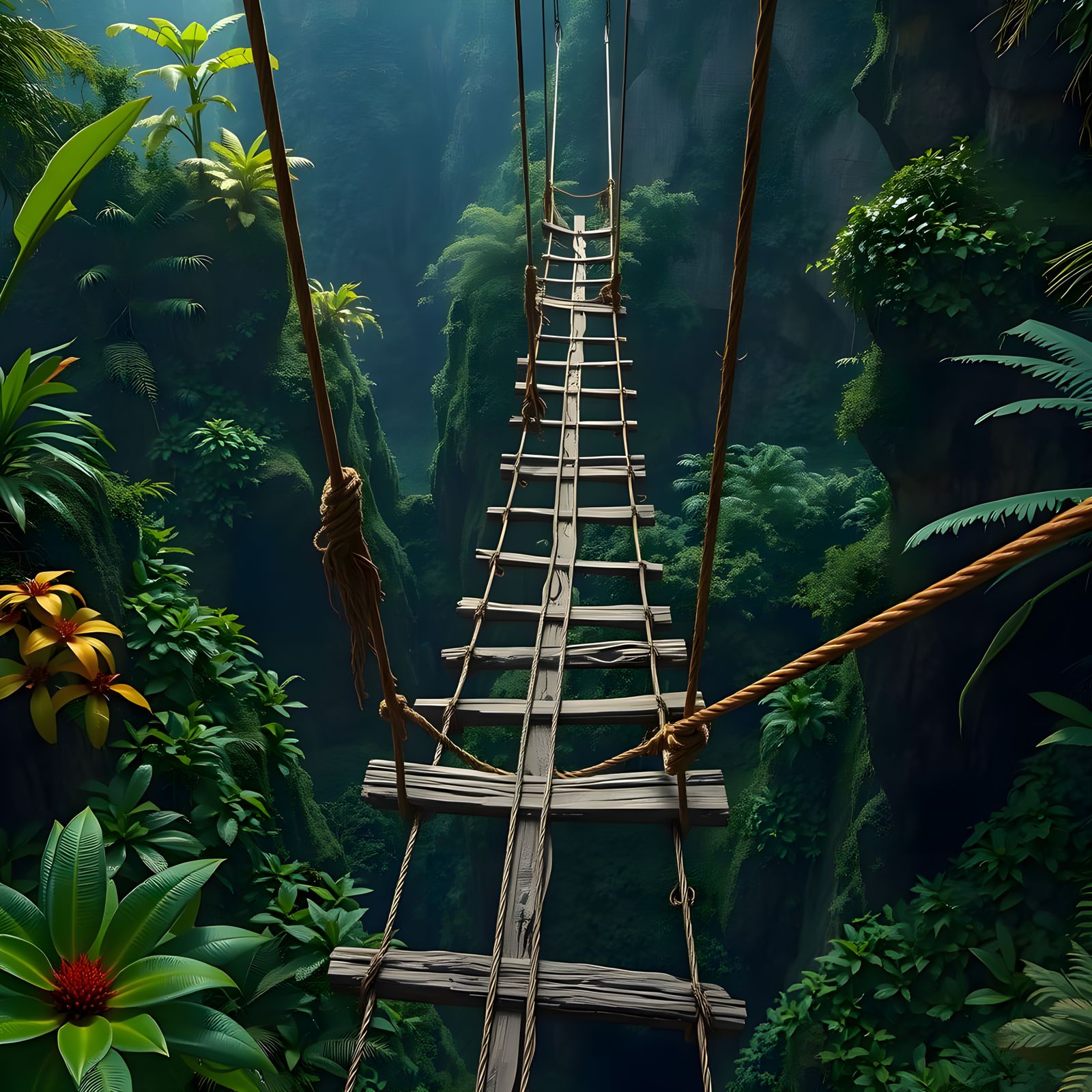 Photorealistic Jungle Bridge Swaying Over a Deep Ravine