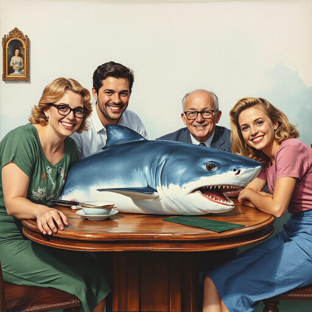 American Family Dinner with Shark as Impasto Painting