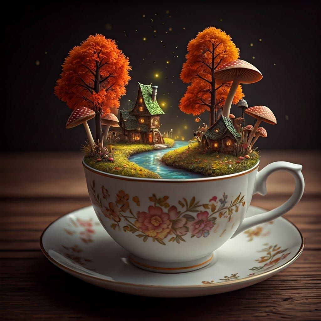 Miniature Autumn Fantasy World in a Teacup