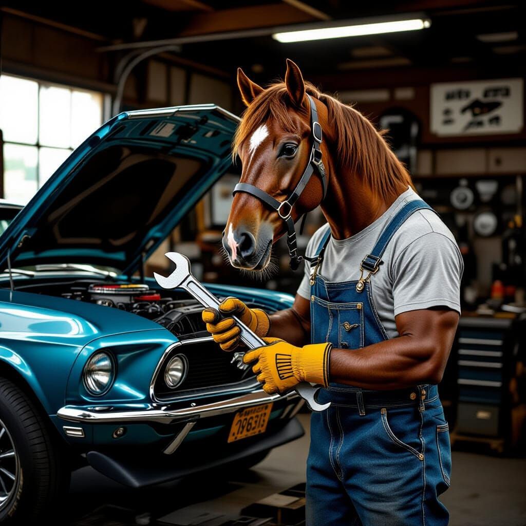Horse Mechanic Repairs 1969 Mustang, Rockwell Nostalgia