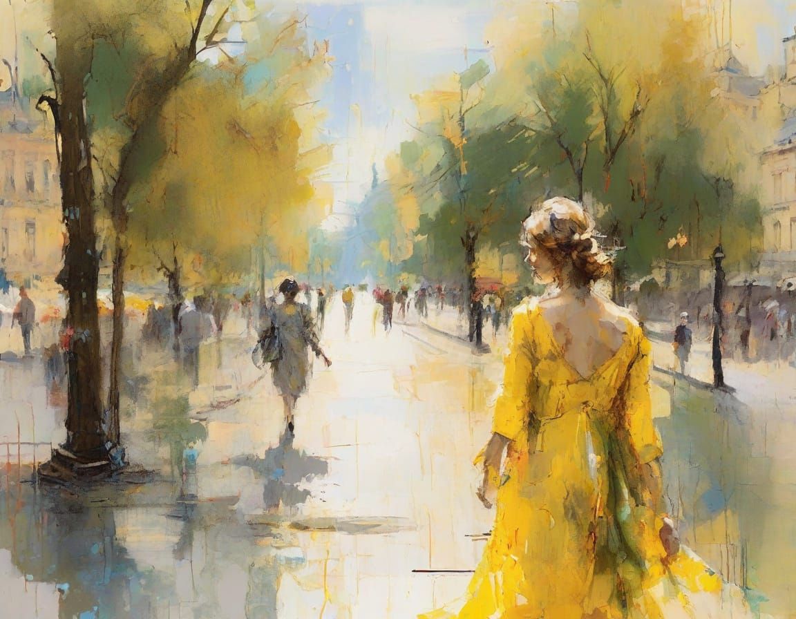 Vibrant Lady in Yellow Strolls Through Parisian Gardens