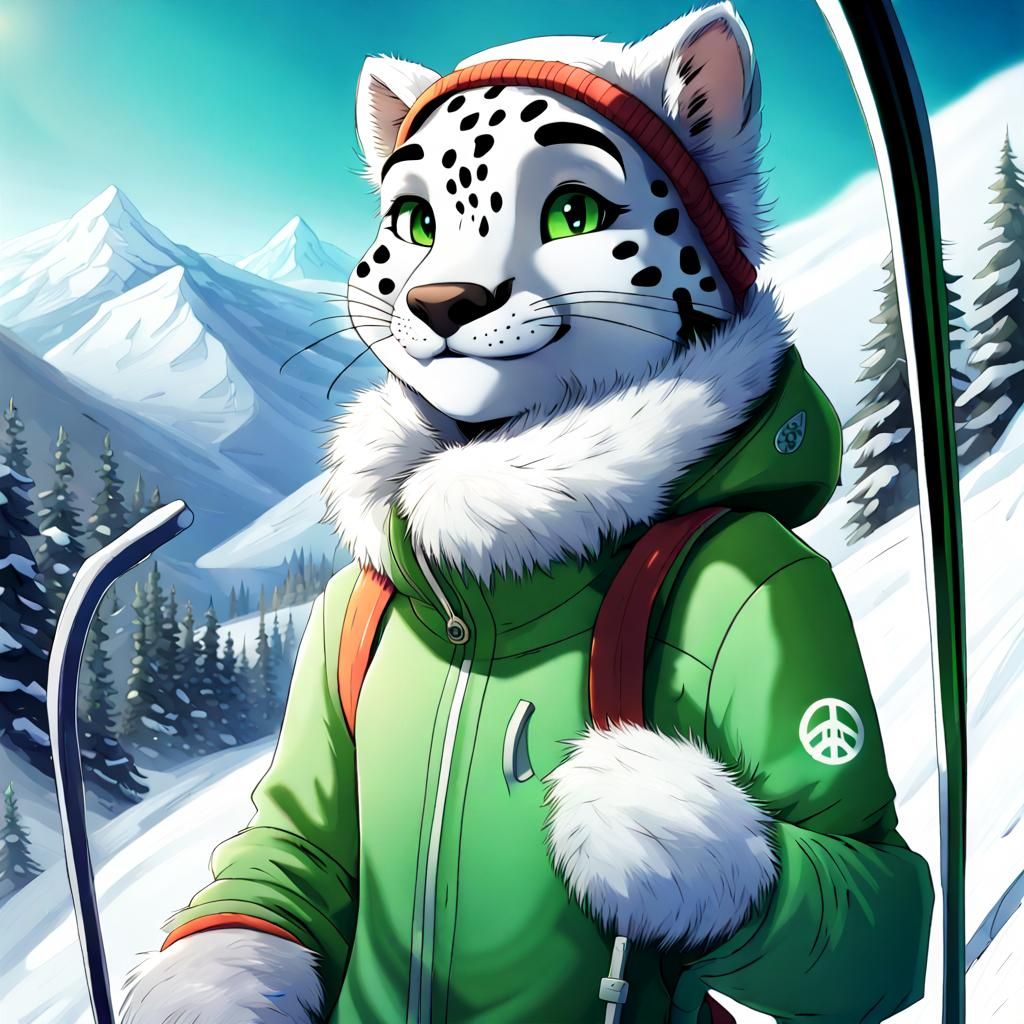 Anime Style Furry Snow Leopard on Snowy Mountain