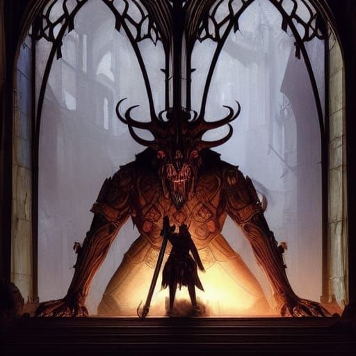 Demonic Battle in Stained Glass Gothic Window