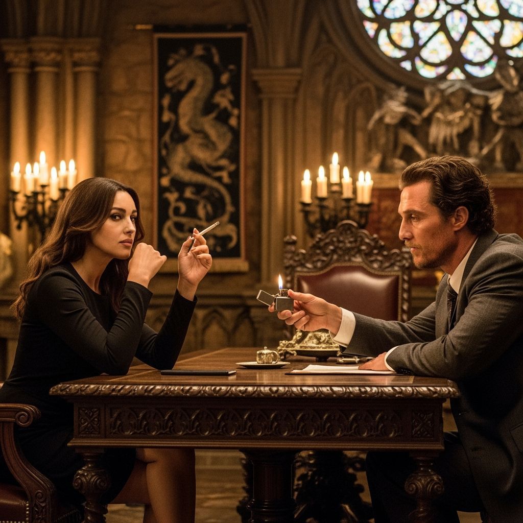 Monica Bellucci, as in "Malena", 2000, and Matthew McConaughey as in "True Detective", 2014, in a fantasy meeting.