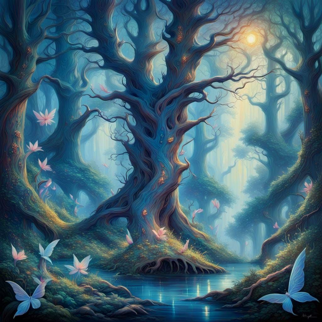 Magical Forest with Fairies in Dark Fantasy Art