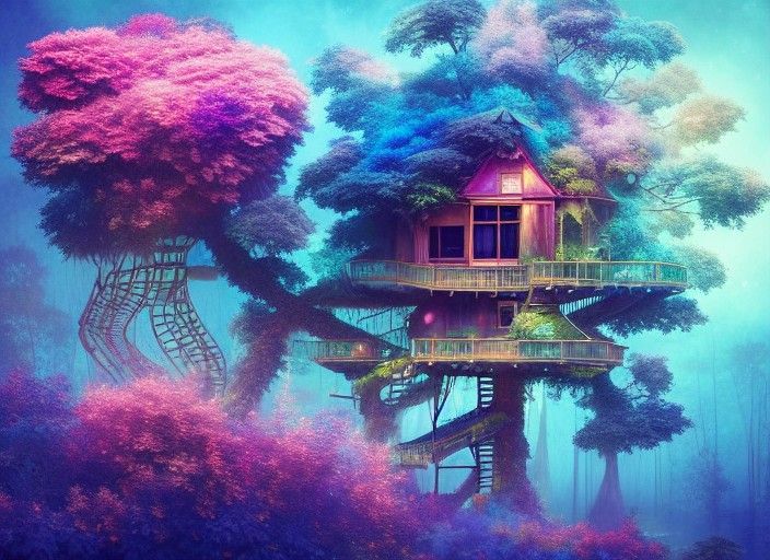 Magical Blue Blossom Treehouse in Digital Illustration