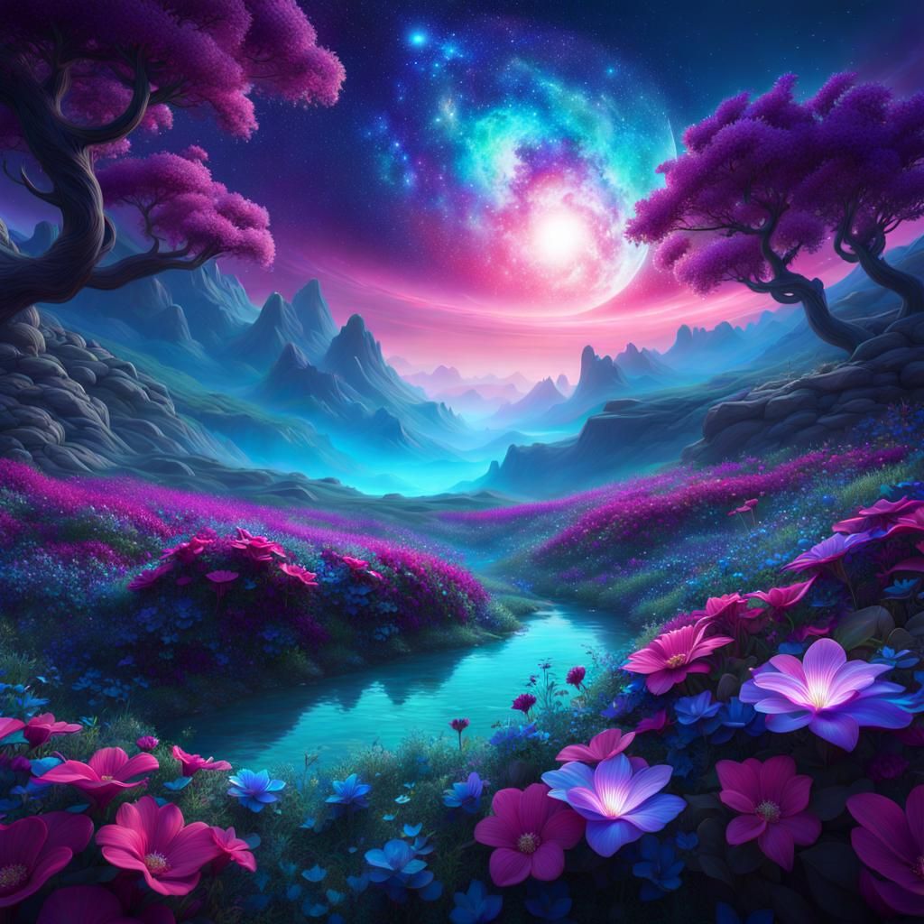 Lush Celestial Vista with Dreamlike Flowers