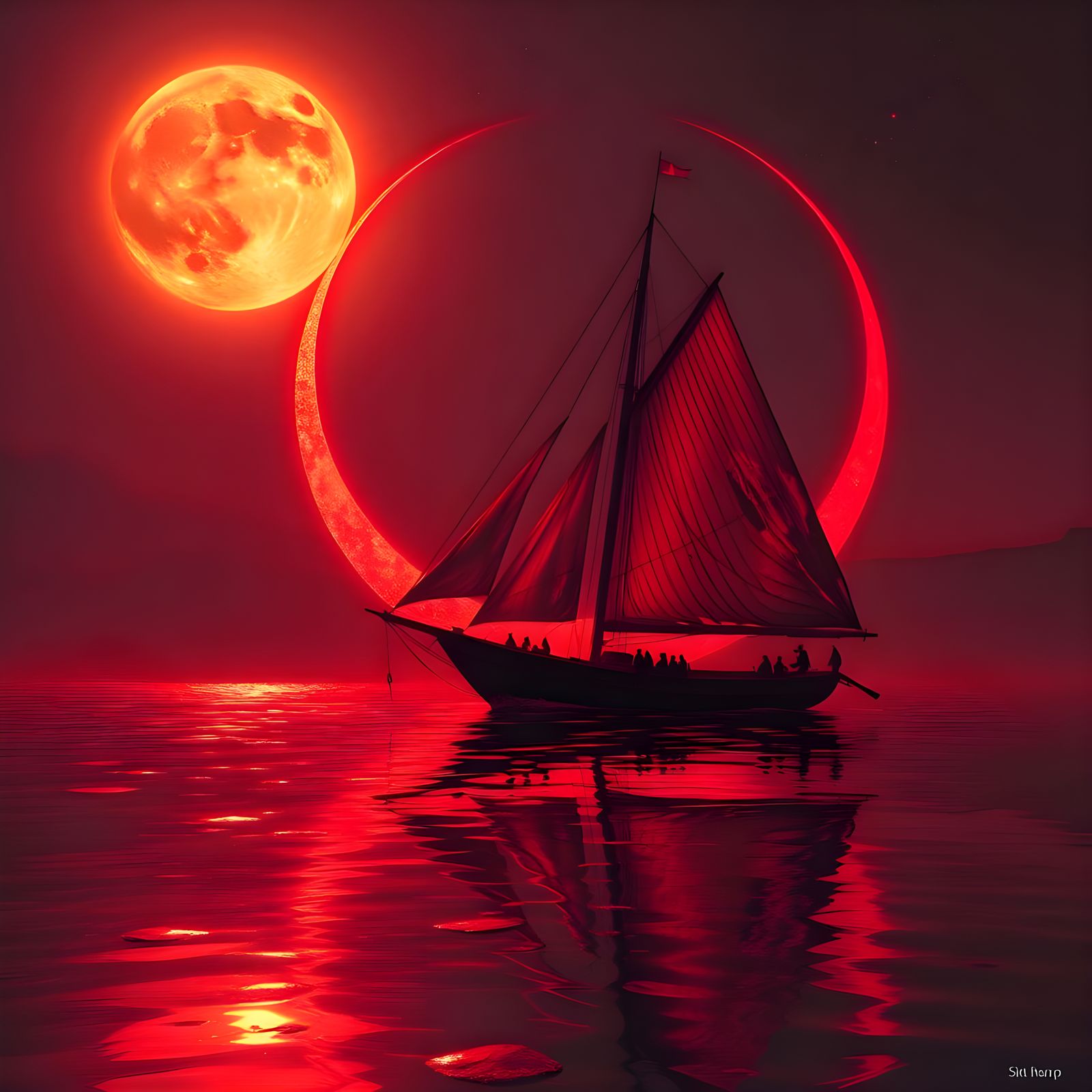 Crimson Moon and Sailboat Silhouette in Impressionist Style