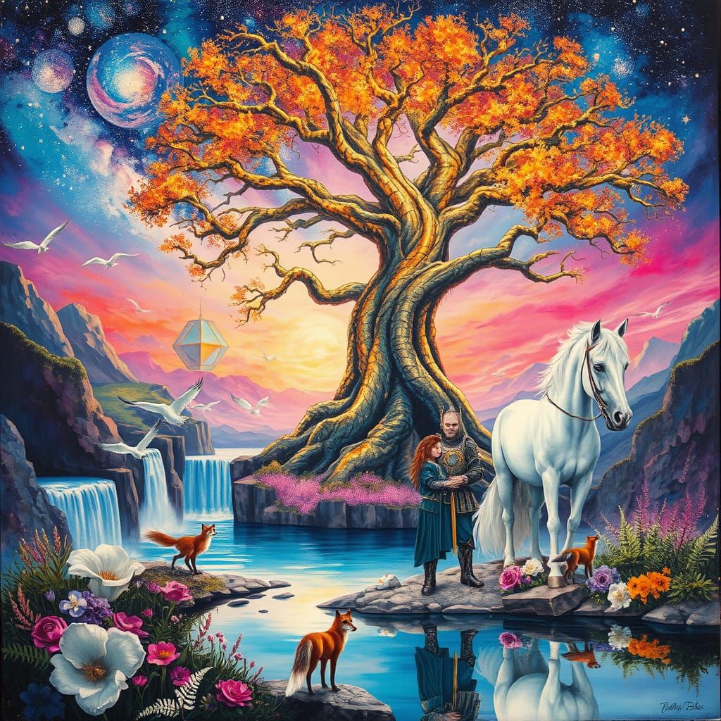 Surrealist Tree Reigns Over Cosmic Landscape in Vibrant Mixe...