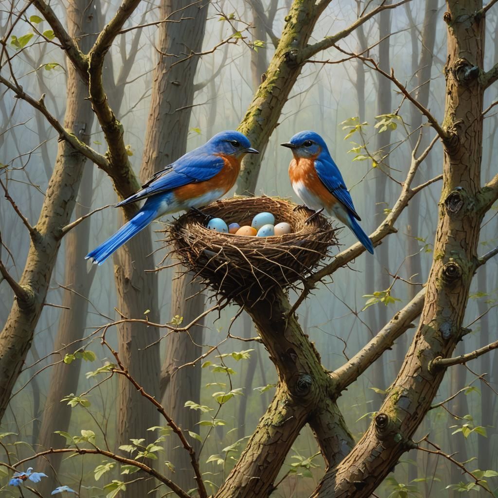 Bluebird and Eggs in Spring Forest: Oil Painting