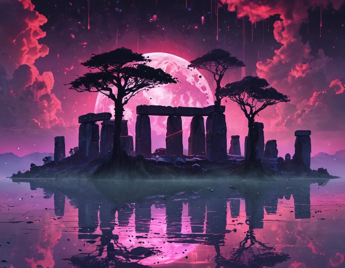 Stonehenge in Vaporwave Rainforest at Sunset