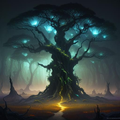 Ethereal Tree with Glowing Leaves, Digital Matte Painting