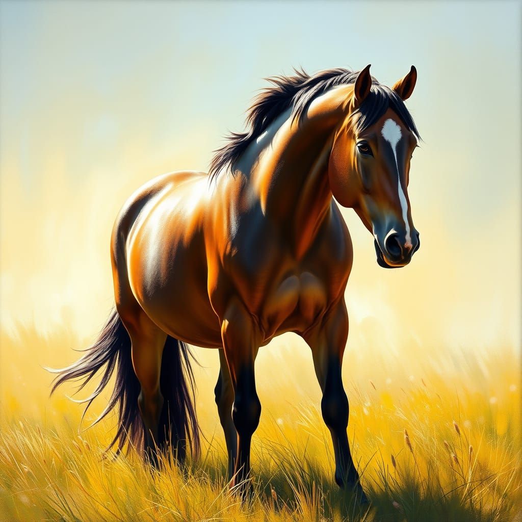 Realist Horse in Sunlit Meadow