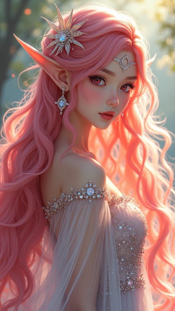 Anime Elf Woman with Long Pink Hair