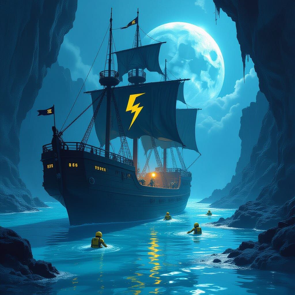 Dark Fantasy Alien Ship Sinks in Electric Blue Goo