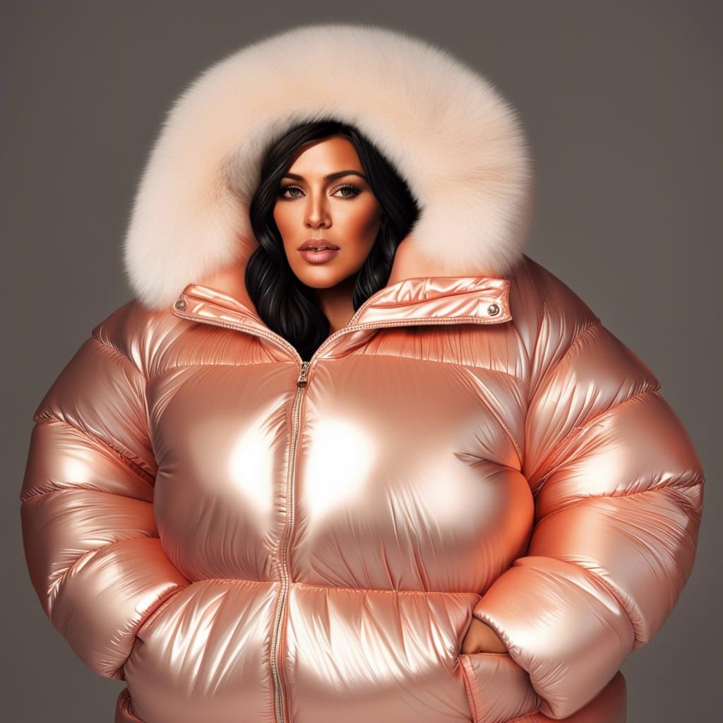 Curvy Woman in Bikini and Shiny Puffer Jacket