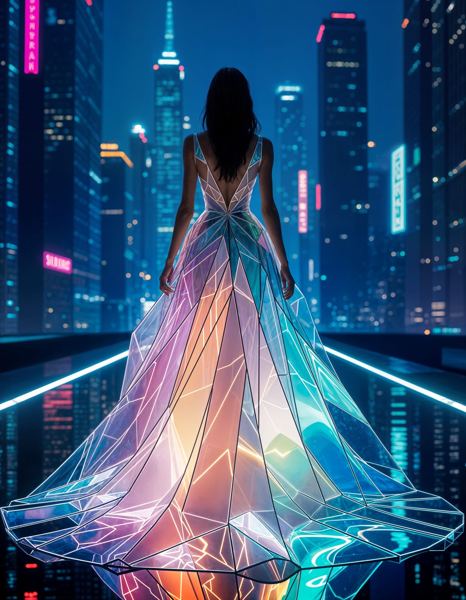 Futuristic Glass Ballgown in Cyberpunk Cityscape