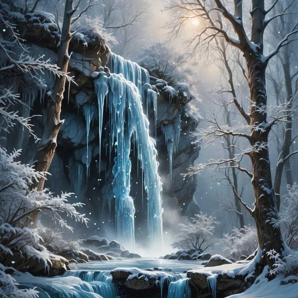 Ethereal Frozen Waterfall in Enchanted Forest