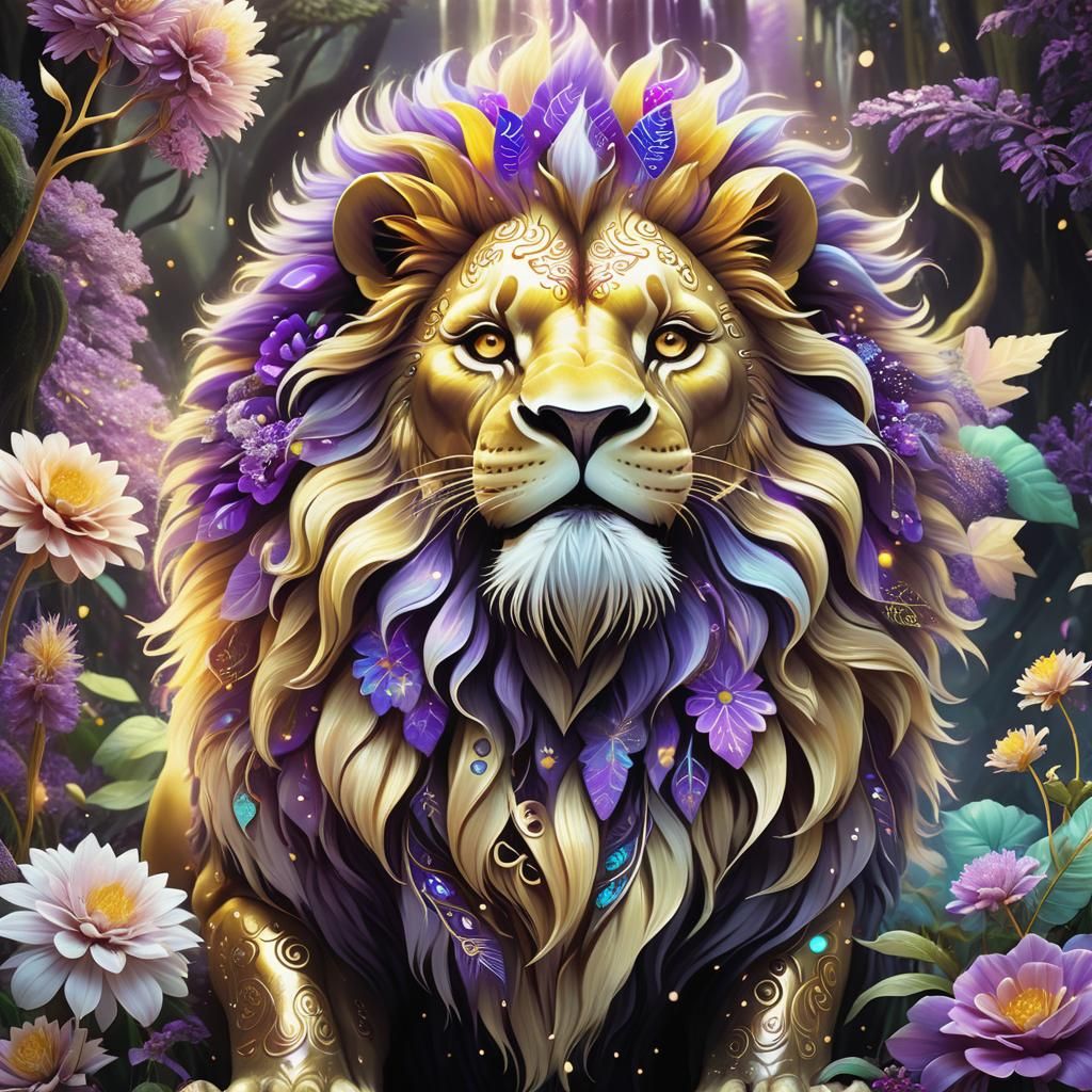 Mythical Golden Lion with Iridescent Maori Patterns