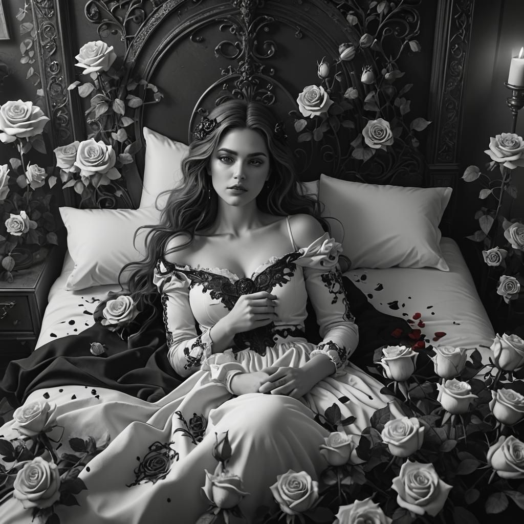 Monochrome Woman with Roses: Detailed Matte Painting