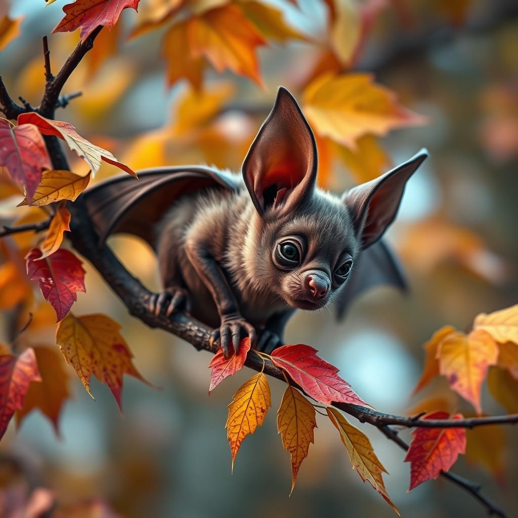 Whimsical Bat Portrait on Autumn Branch