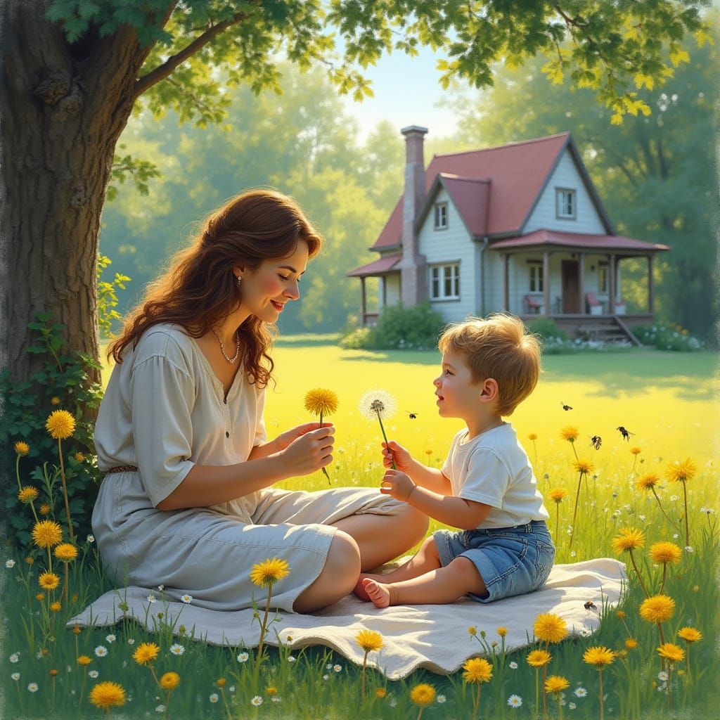 Contemplative Mother and Child in a Vibrant Country Yard, in...