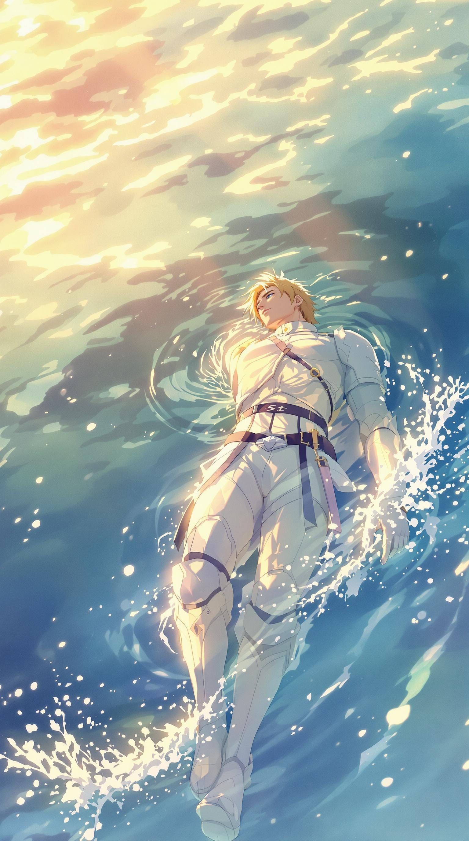 Hero Drifts on Serene Wave, Golden Hour Illumination